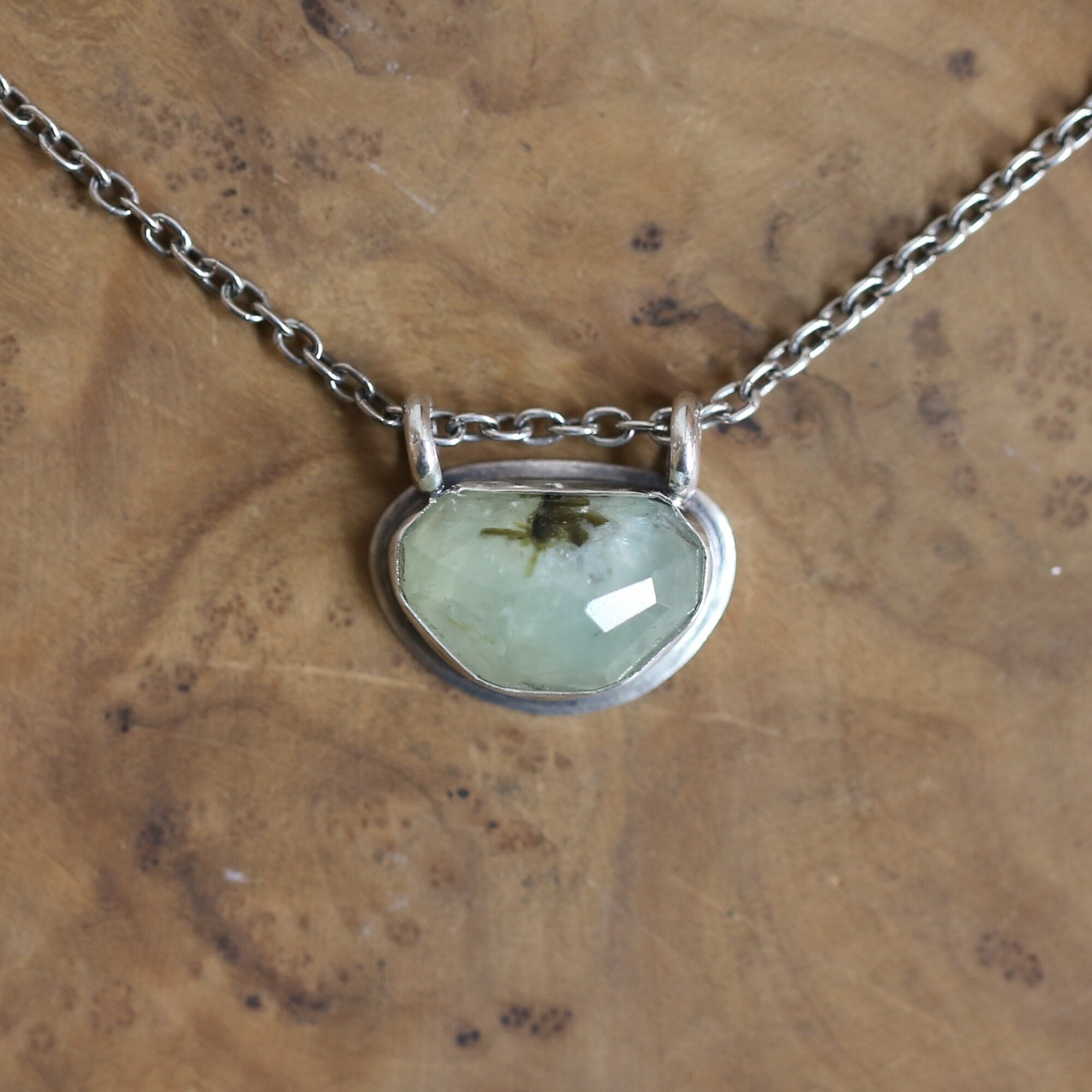 Prehnite Hanging Rock Pendant - Green Prehnite Pendant - Prehnite Necklace - Sterling Silver