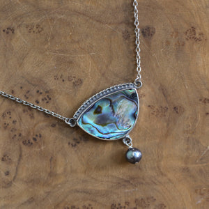 Abalone Y Pendant - Freshwater Pearl - Rainbow Abalone Necklace - .925 Sterling Silver