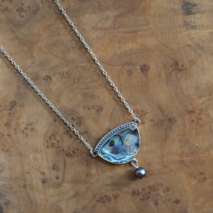 Abalone Y Pendant - Freshwater Pearl - Rainbow Abalone Necklace - .925 Sterling Silver
