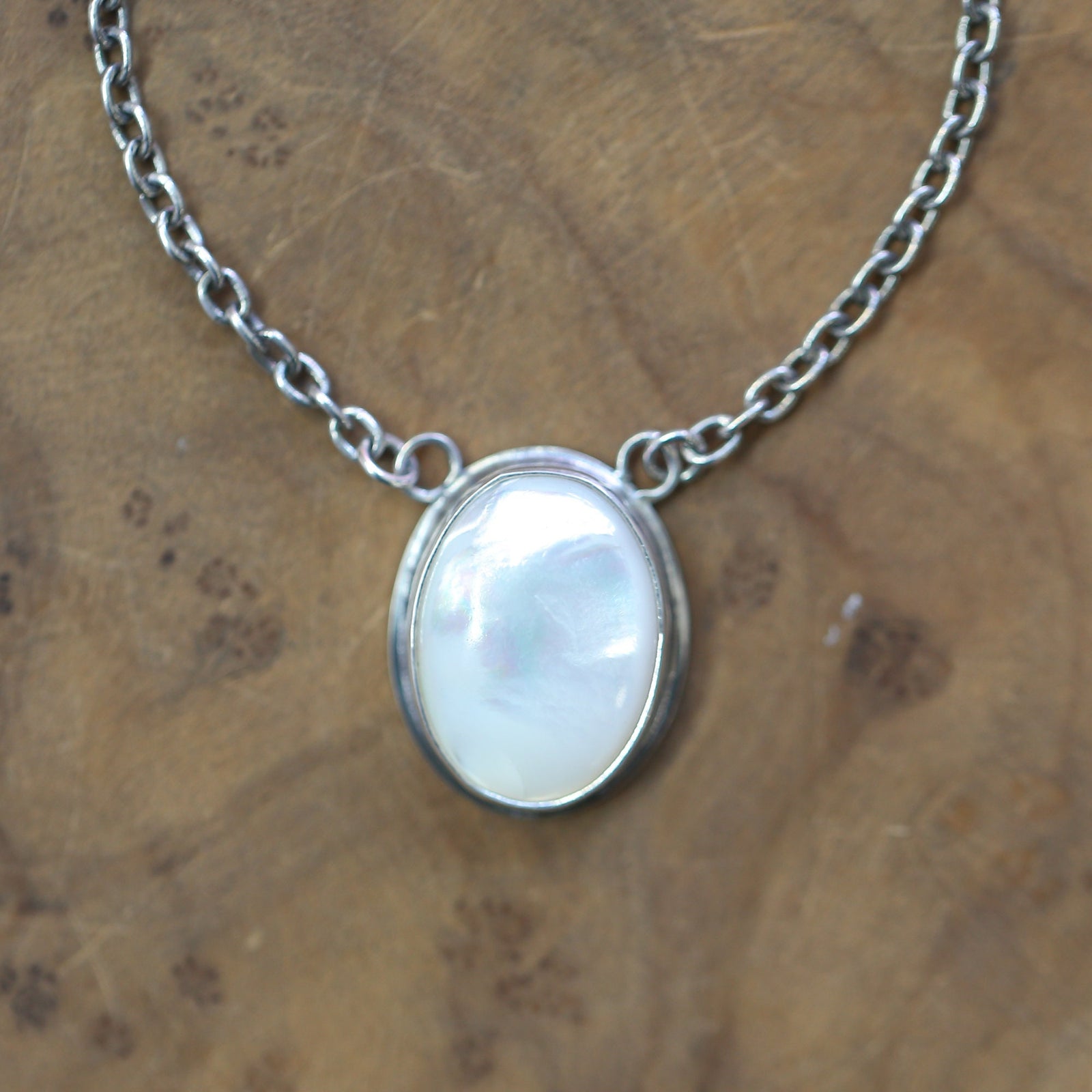 Mother of Pearl Pendant Necklace - Sterling Silver Chain, Silversmith