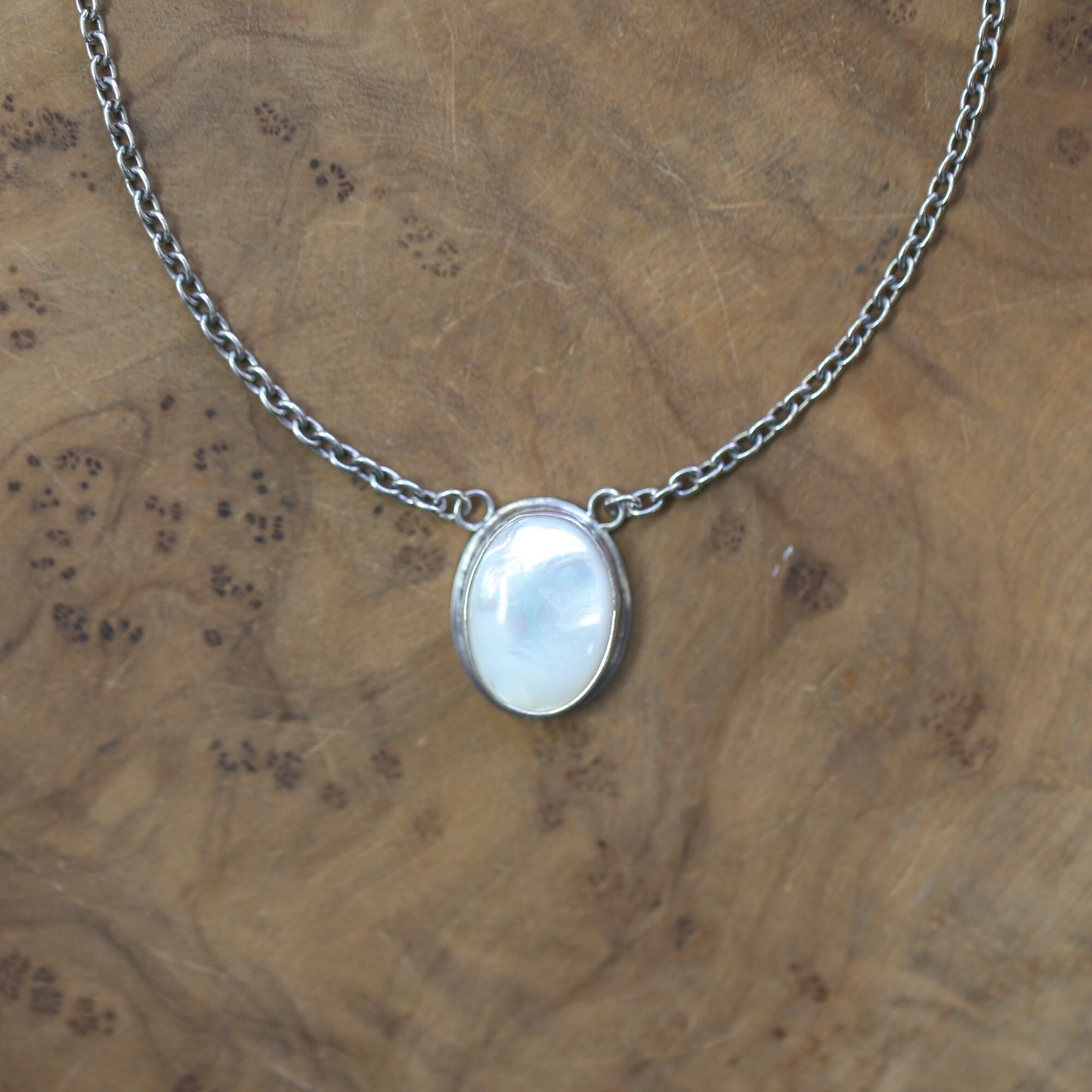 Mother of Pearl Pendant Necklace - Sterling Silver Chain, Silversmith