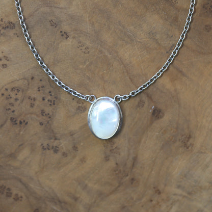 Mother of Pearl Pendant Necklace - Sterling Silver Chain, Silversmith