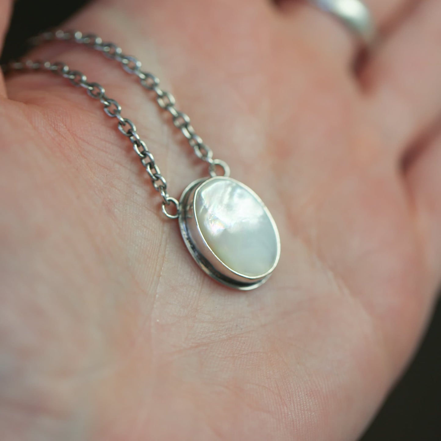 Mother of Pearl Pendant Necklace - Sterling Silver Chain, Silversmith