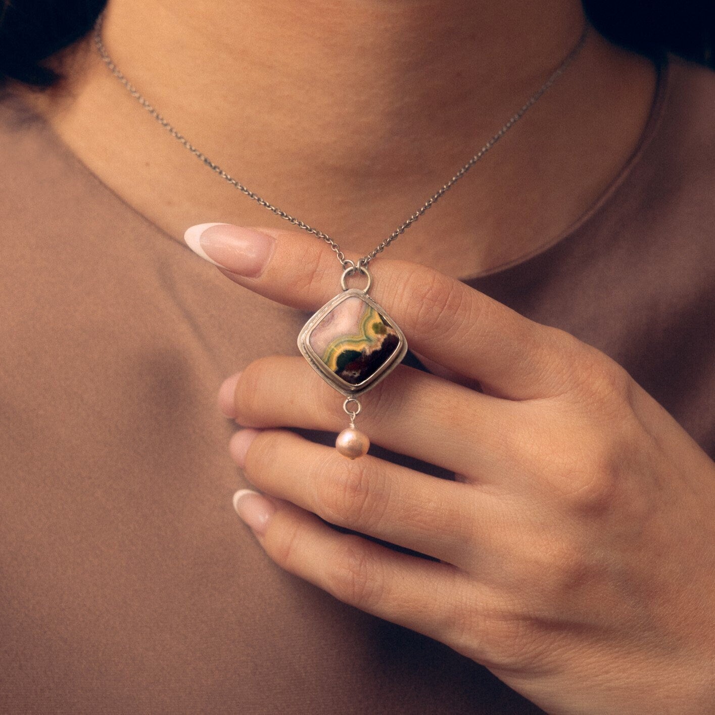 Ocean Jasper Freshwater Pearl Pendant - .925 Silversmith - Ocean Jasper Necklace