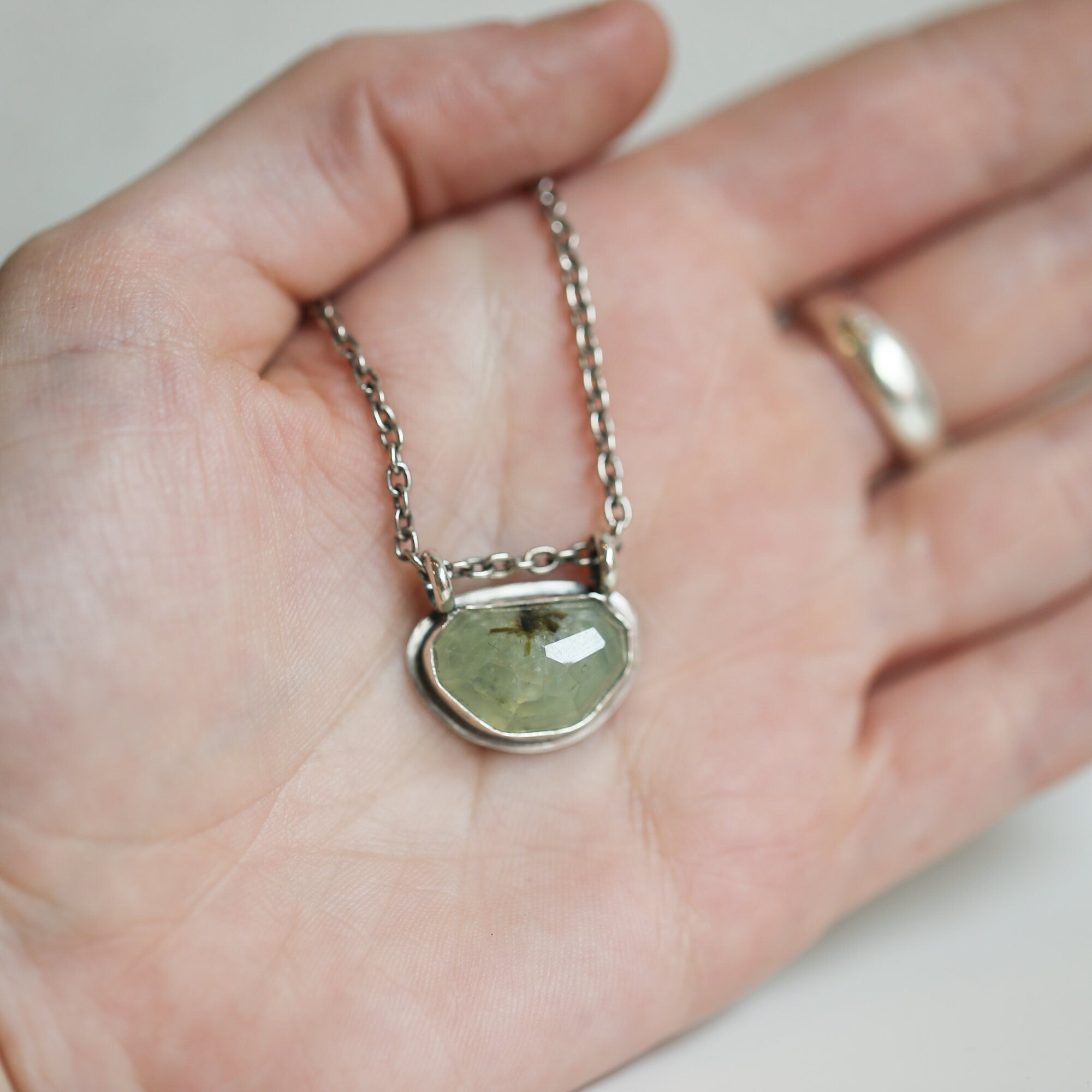 Prehnite Hanging Rock Pendant - Green Prehnite Pendant - Prehnite Necklace - Sterling Silver