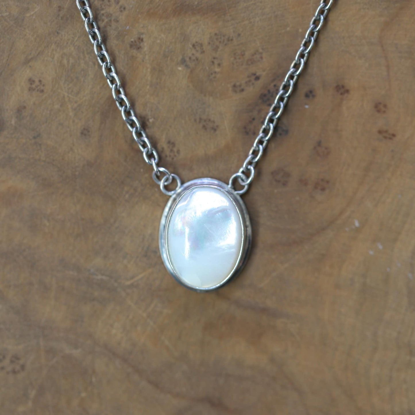 Mother of Pearl Pendant Necklace - Sterling Silver Chain, Silversmith