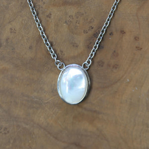 Mother of Pearl Pendant Necklace - Sterling Silver Chain, Silversmith