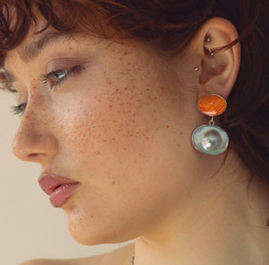 Sterling Silver Spiny Oyster and Blister Pearl Drop Earrings