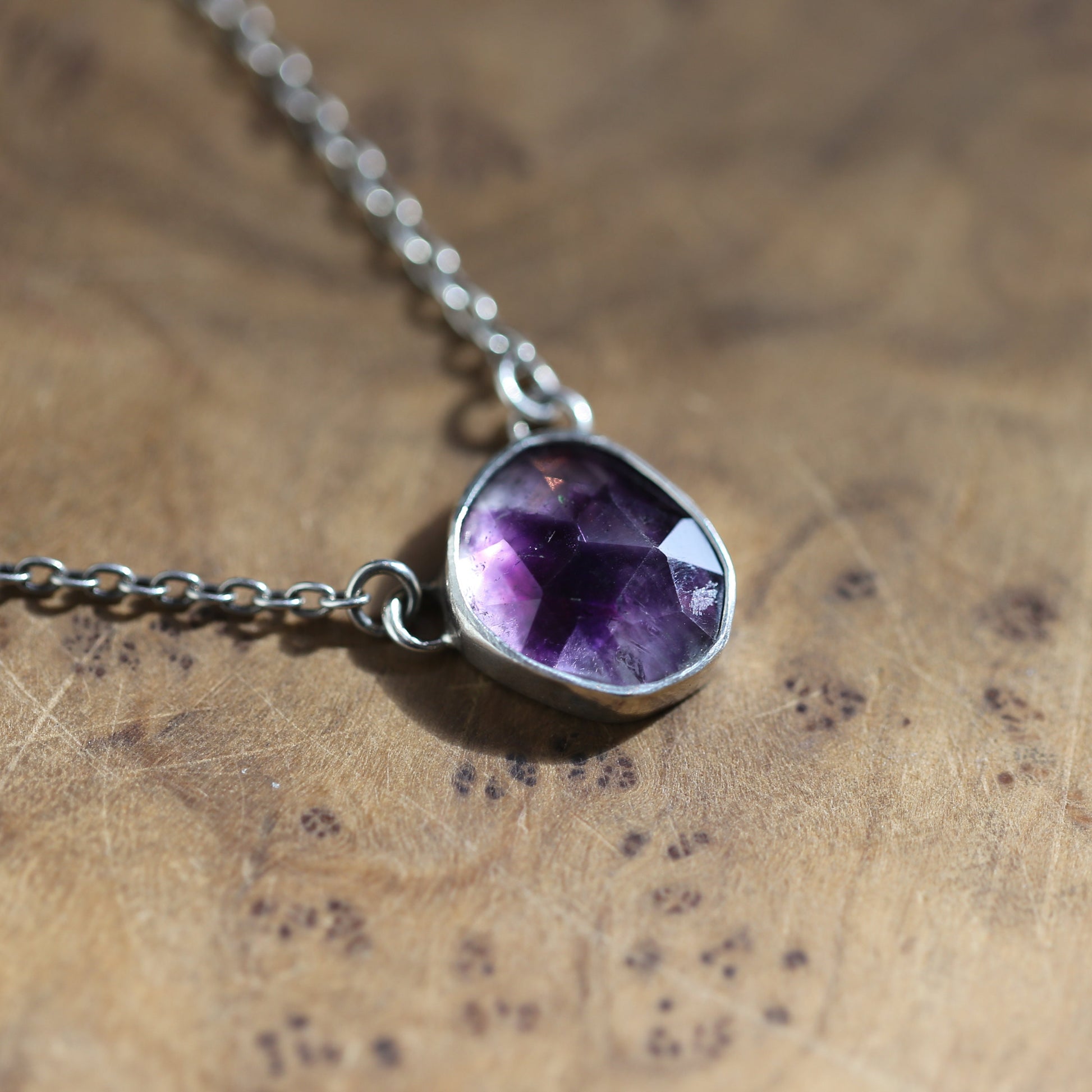 Trapiche Amethyst Sterling Silver Necklace - Rose Cut Purple Pendant