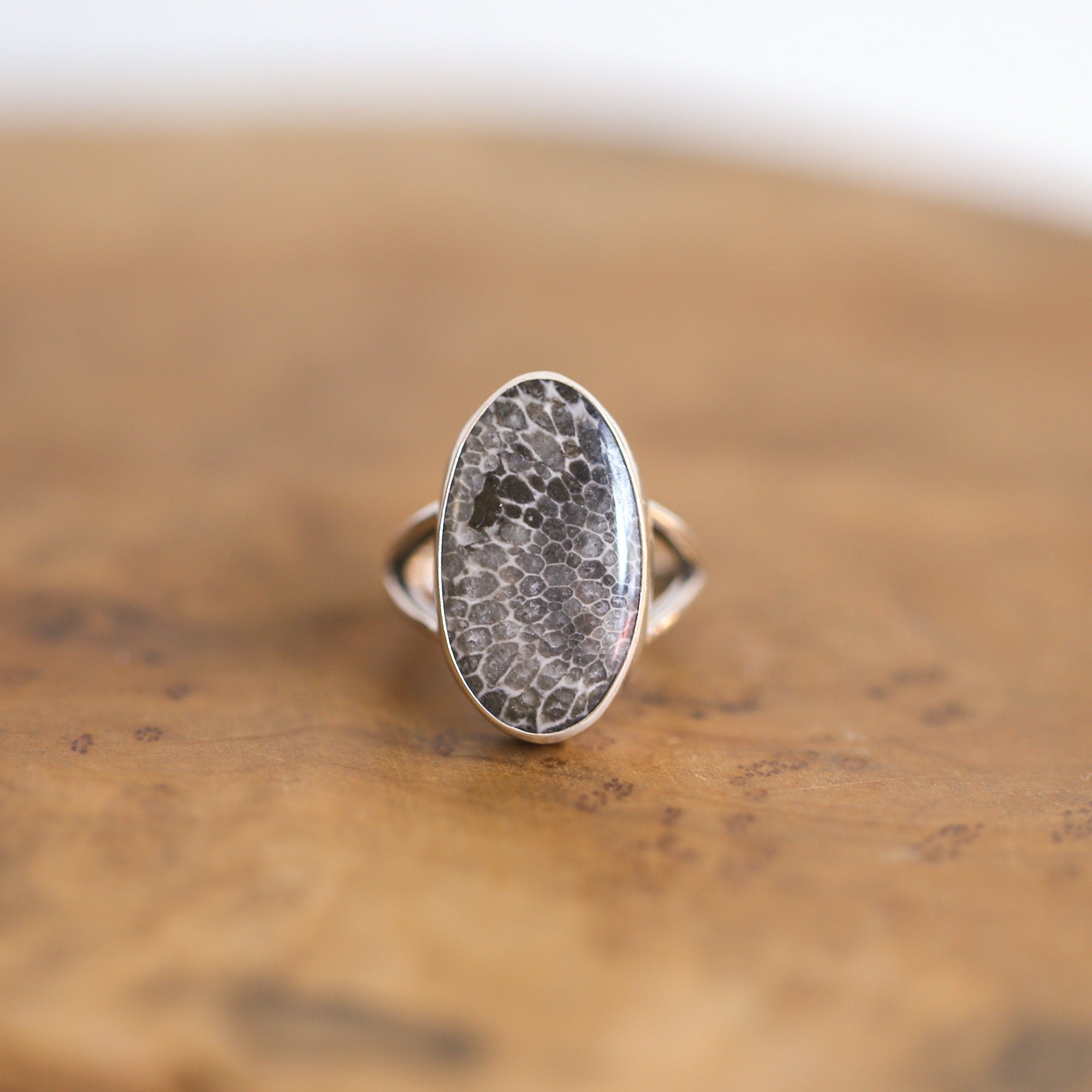 Fossilized Coral Ring - Black Fossil Coral - Ready to Ship - Fossil Ring - Sterling Silver Ring