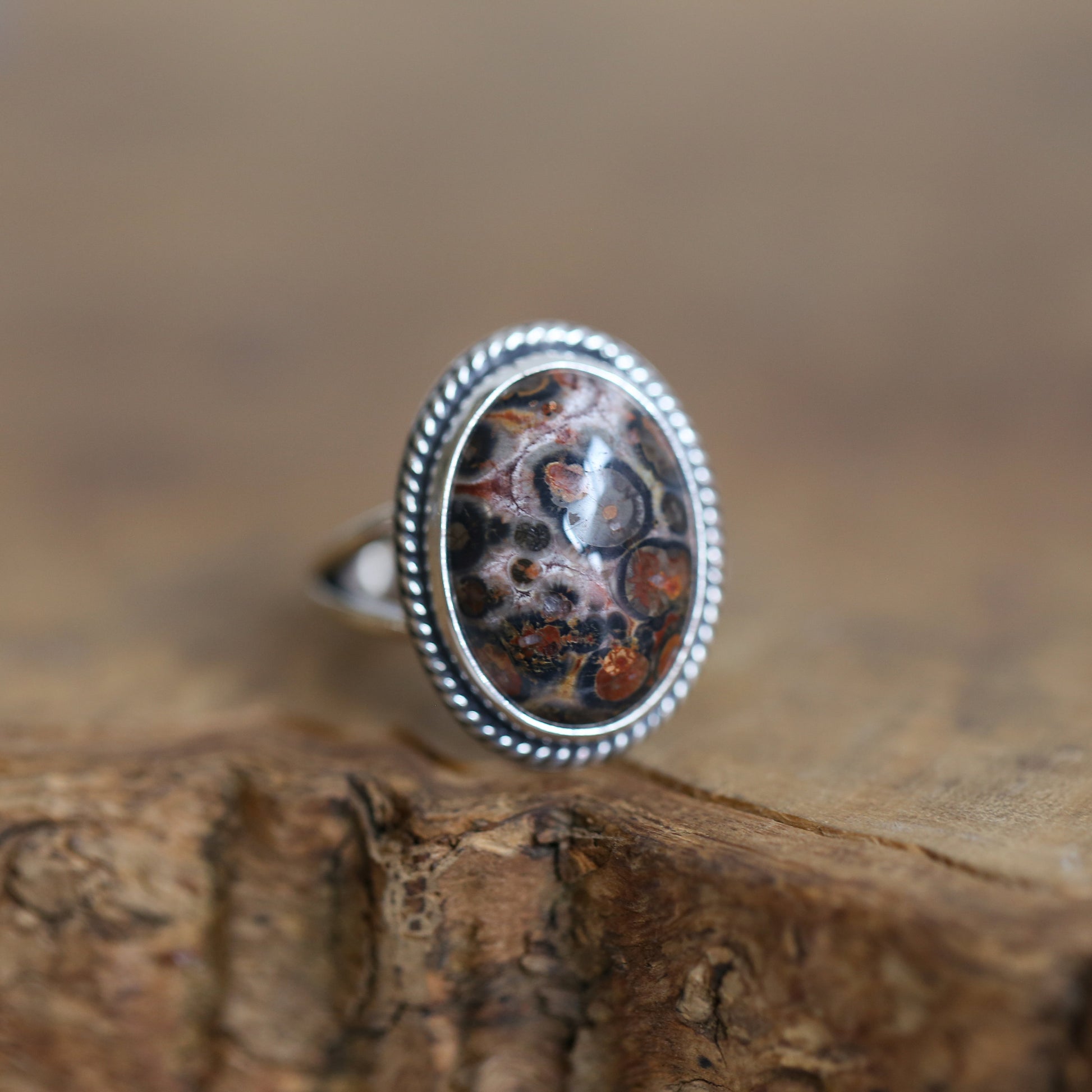 Custom Leopardskin Jasper Sterling Silver Ring – Handmade Boho Statement Ring