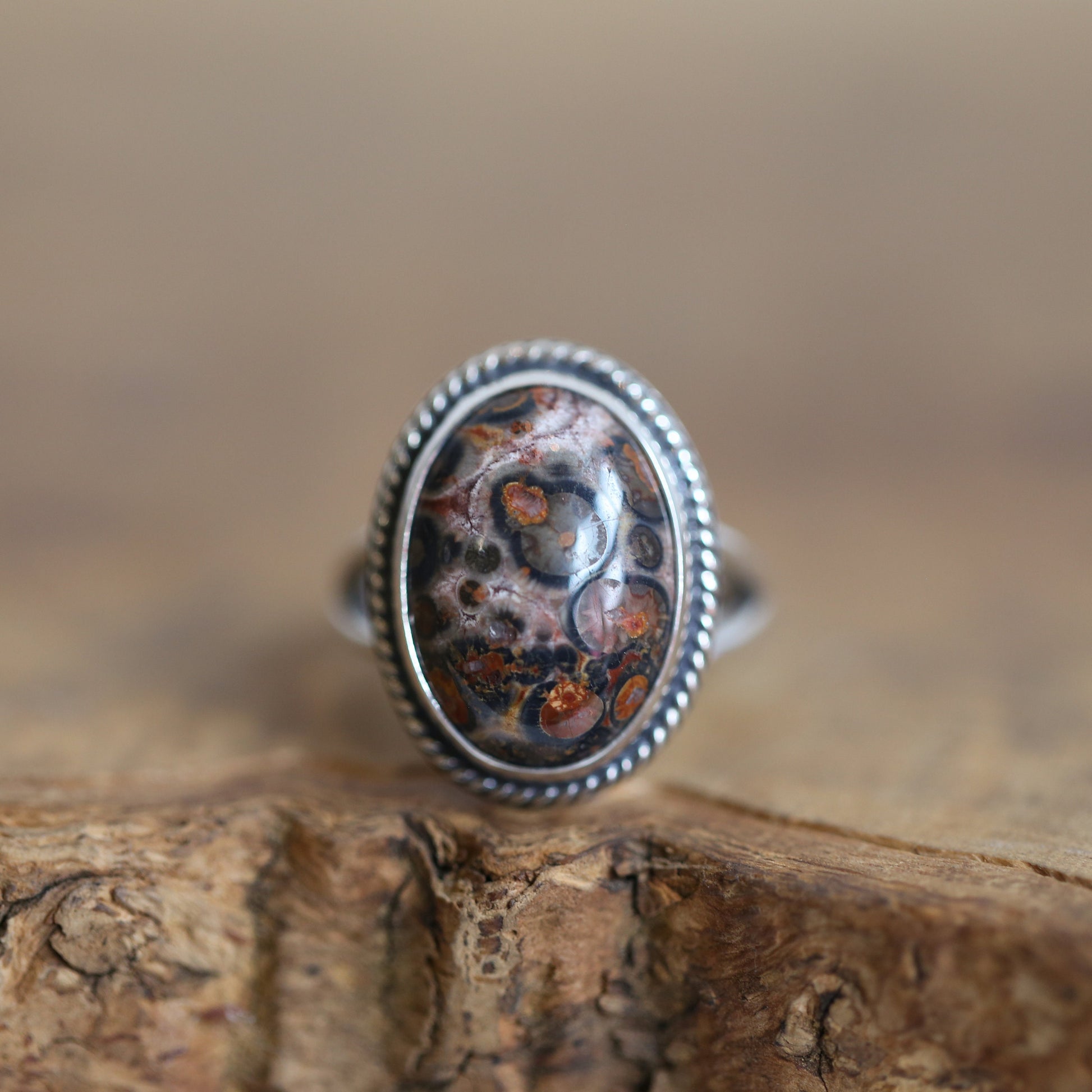 Custom Leopardskin Jasper Sterling Silver Ring – Handmade Boho Statement Ring