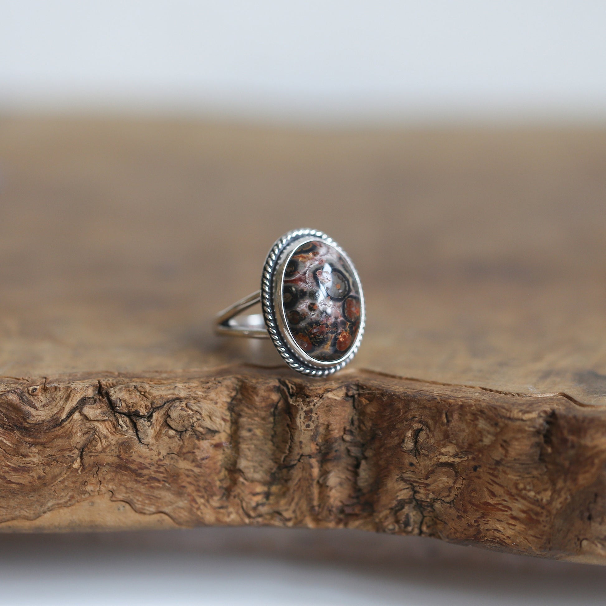 Custom Leopardskin Jasper Sterling Silver Ring – Handmade Boho Statement Ring