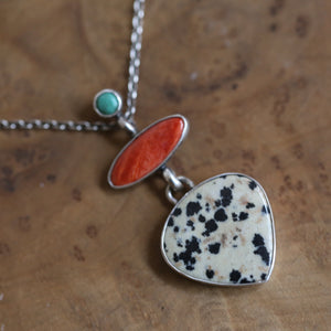 Dalmation Jasper Spiny Oyster Turquoise Pendant - 3 Stone Pendant - Includes Chain