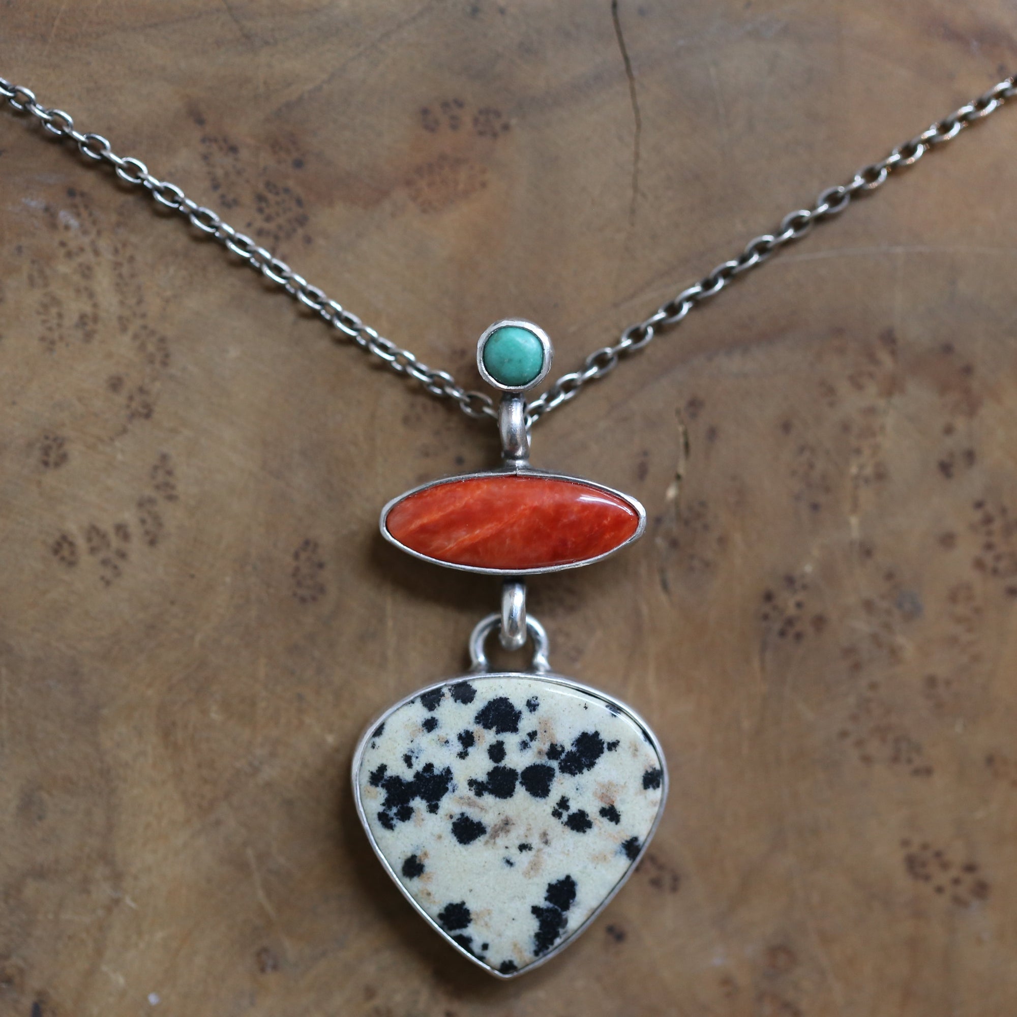 Dalmation Jasper Spiny Oyster Turquoise Pendant - 3 Stone Pendant - Includes Chain