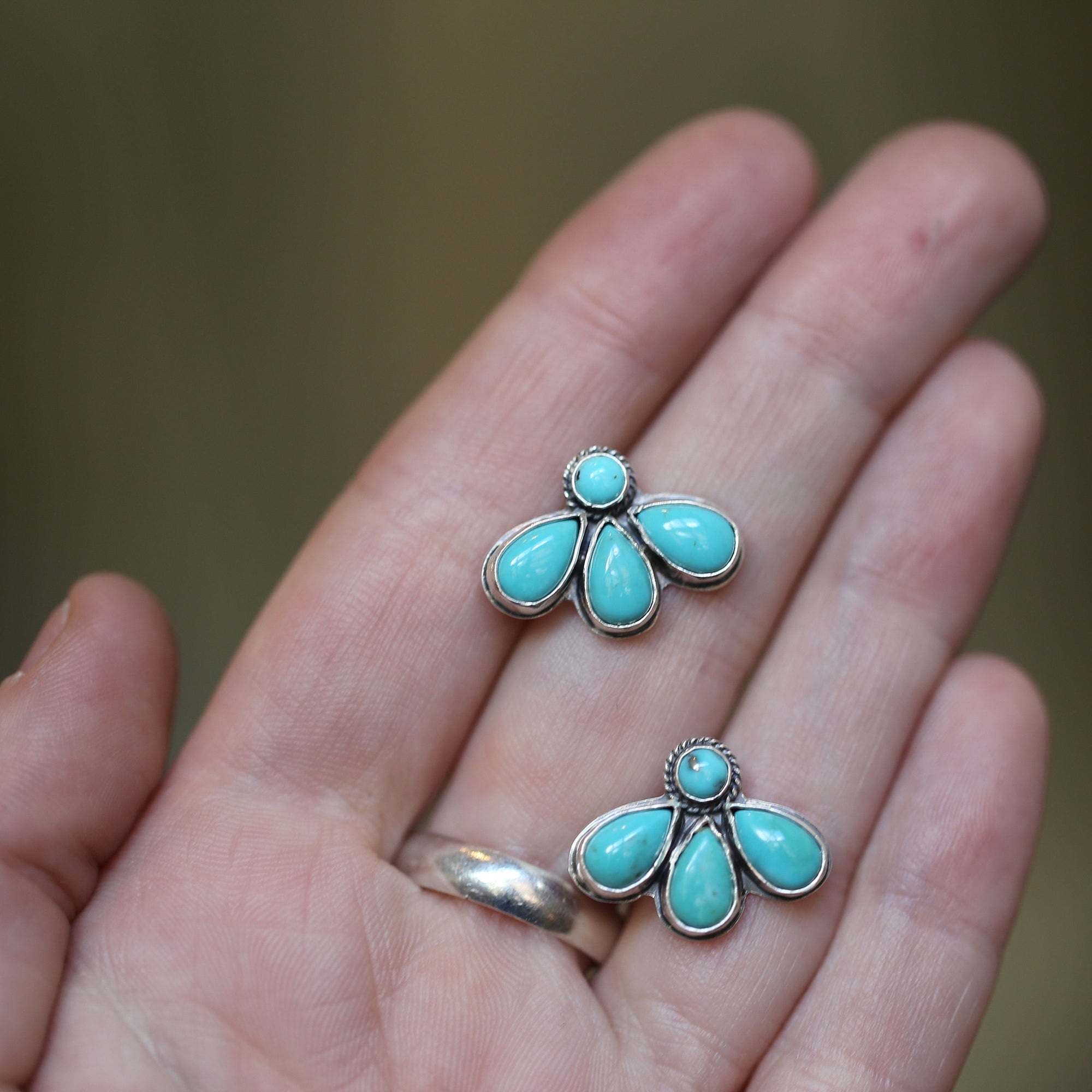 Turquoise Lotus Posts - 8 Stone Blue Turquoise Studs - Sterling Silver