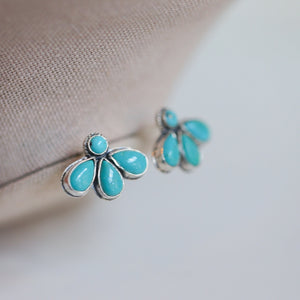 Turquoise Lotus Posts - Multi-Stone Turquoise Fan Earrings - 8 Stone Turquoise Studs - Sterling Silver