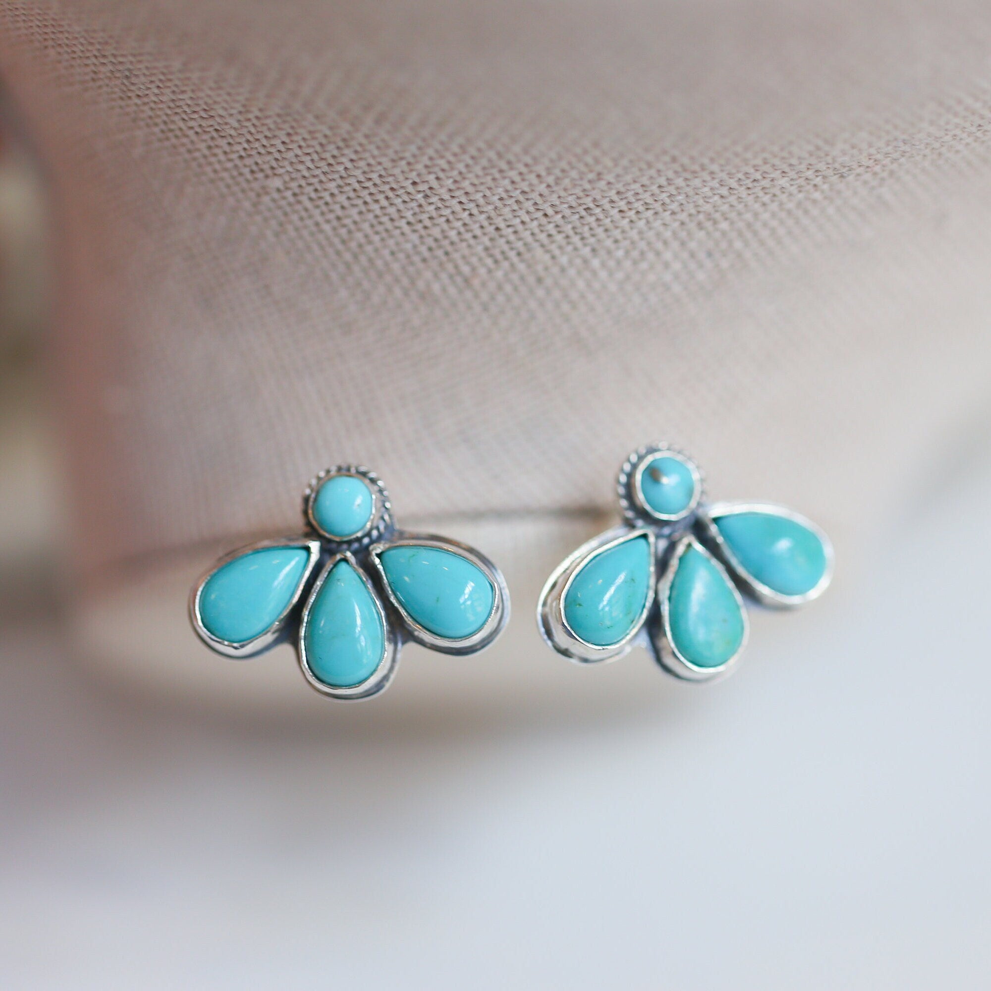 Turquoise Lotus Posts - 8 Stone Blue Turquoise Studs - Sterling Silver
