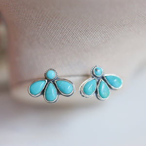 Turquoise Lotus Posts - Multi-Stone Turquoise Fan Earrings - 8 Stone Turquoise Studs - Sterling Silver