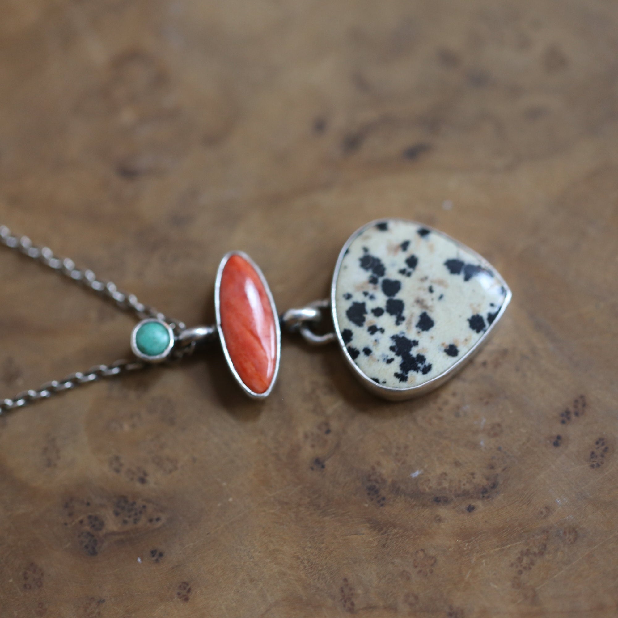 Dalmation Jasper Spiny Oyster Turquoise Pendant - 3 Stone Pendant - Includes Chain