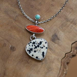 Dalmation Jasper Spiny Oyster Turquoise Pendant - 3 Stone Pendant - Includes Chain