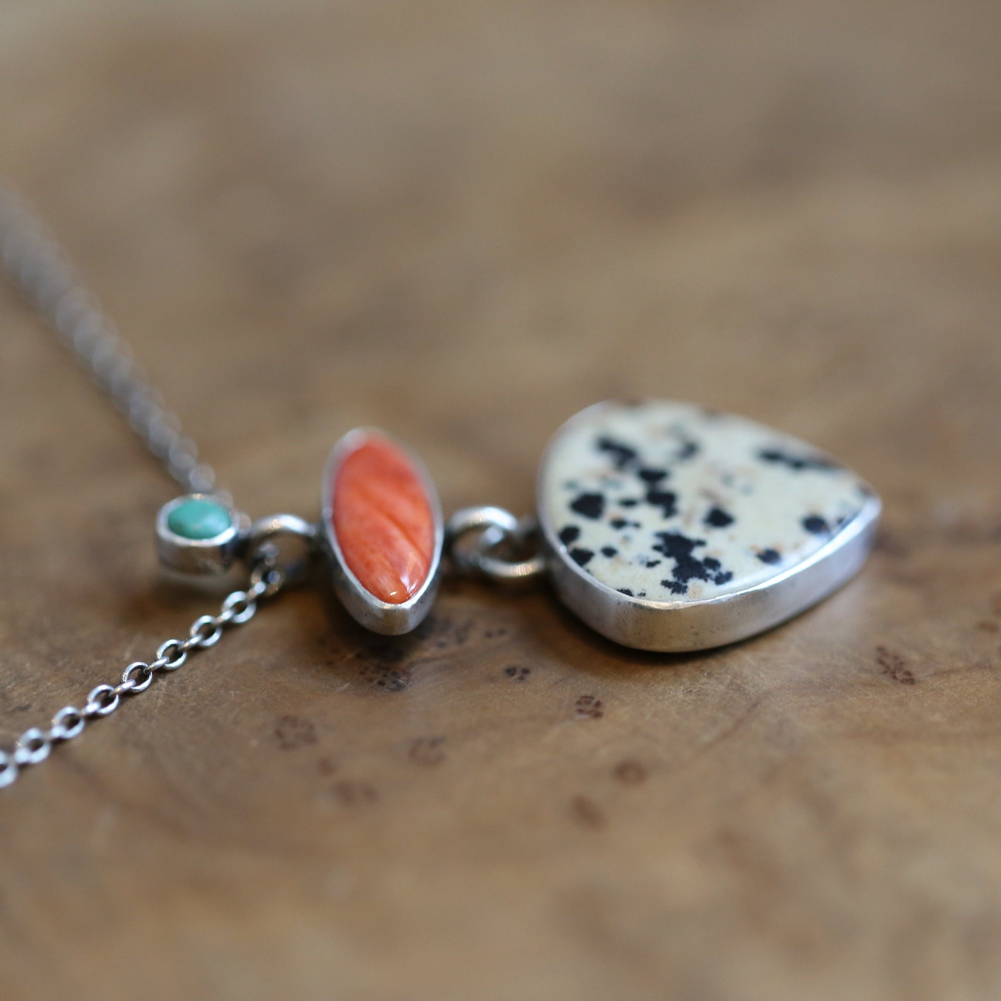 Dalmation Jasper Spiny Oyster Turquoise Pendant - 3 Stone Pendant - Includes Chain