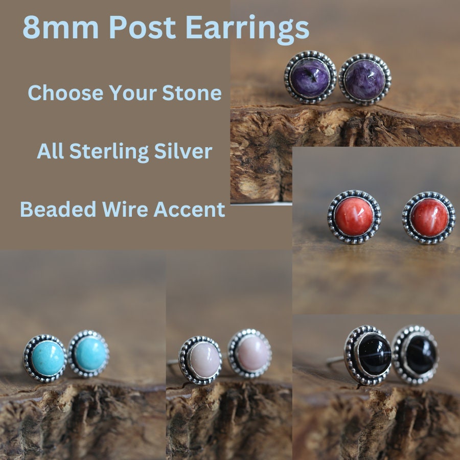 8mm Post Earrings - Choose Your Stone - Amazonite - Charoite - Pink Opal - Black Onyx - Spiny Oyster - Sterling Silver