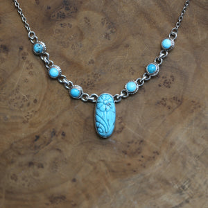 Floral Carved Turquoise Necklace Sterling Silver - 7 Stone Kingman Turquoise Necklace