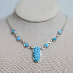 Floral Carved Turquoise Necklace Sterling Silver - 7 Stone Kingman Turquoise Necklace