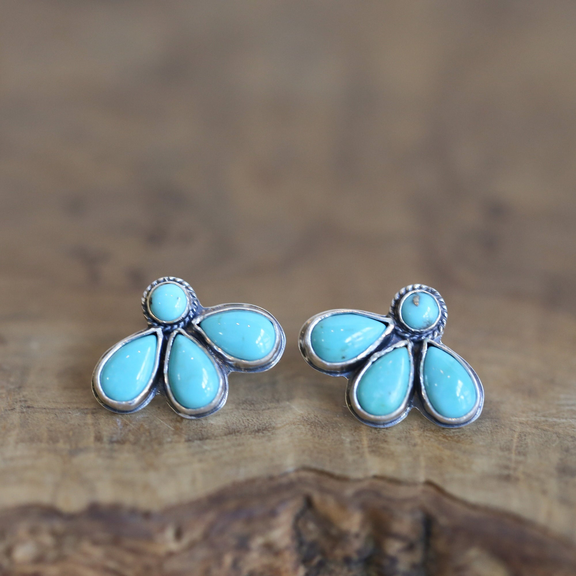 Turquoise Lotus Posts - 8 Stone Blue Turquoise Studs - Sterling Silver