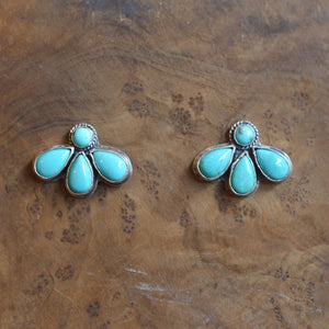 Turquoise Lotus Posts - Multi-Stone Turquoise Fan Earrings - 8 Stone Turquoise Studs - Sterling Silver
