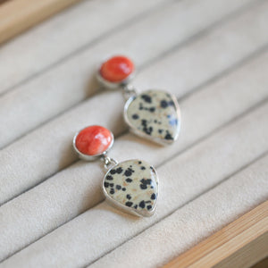 Spiny Oyster Earrings - Dalmation Jasper Earrings - Spotted Jasper - Sterling Silver