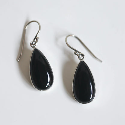 Black Agate Sterling Silver Drop Earrings – Pear Teardrop Jewelry