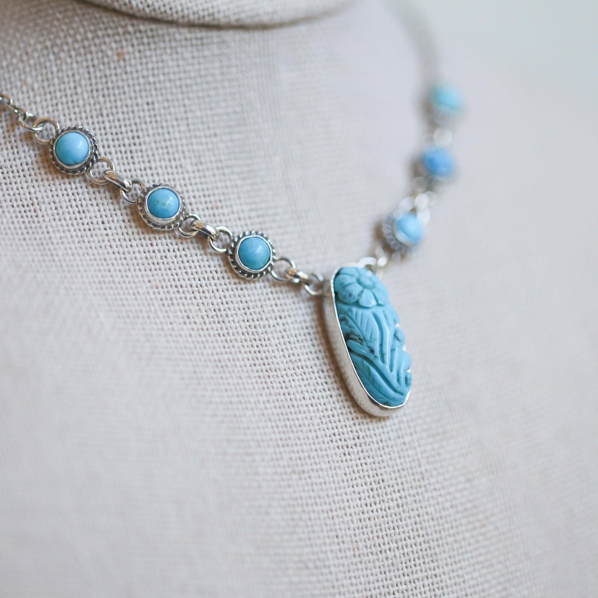Floral Carved Turquoise Necklace Sterling Silver - 7 Stone Kingman Turquoise Necklace