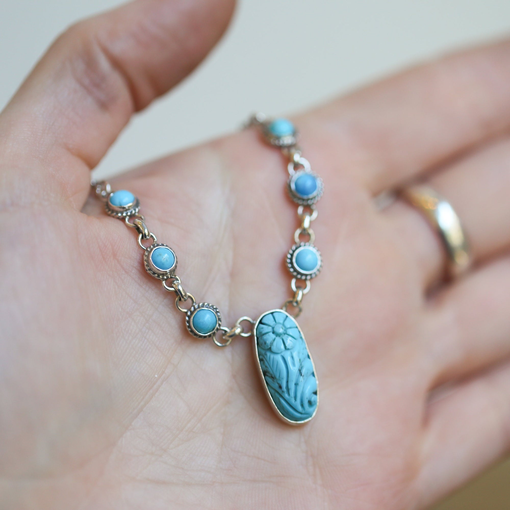 Floral Carved Turquoise Necklace Sterling Silver - 7 Stone Kingman Turquoise Necklace