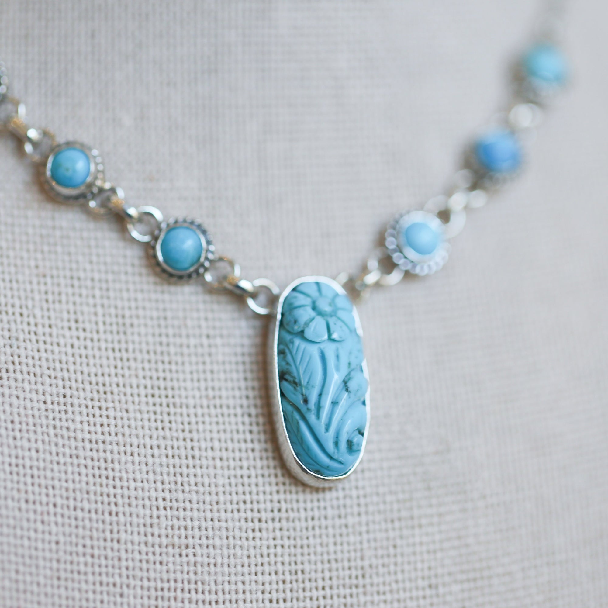 Floral Carved Turquoise Necklace Sterling Silver - 7 Stone Kingman Turquoise Necklace