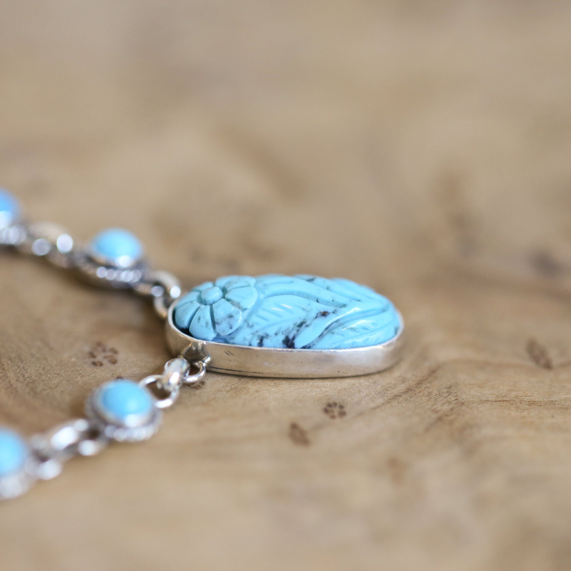 Floral Carved Turquoise Necklace Sterling Silver - 7 Stone Kingman Turquoise Necklace
