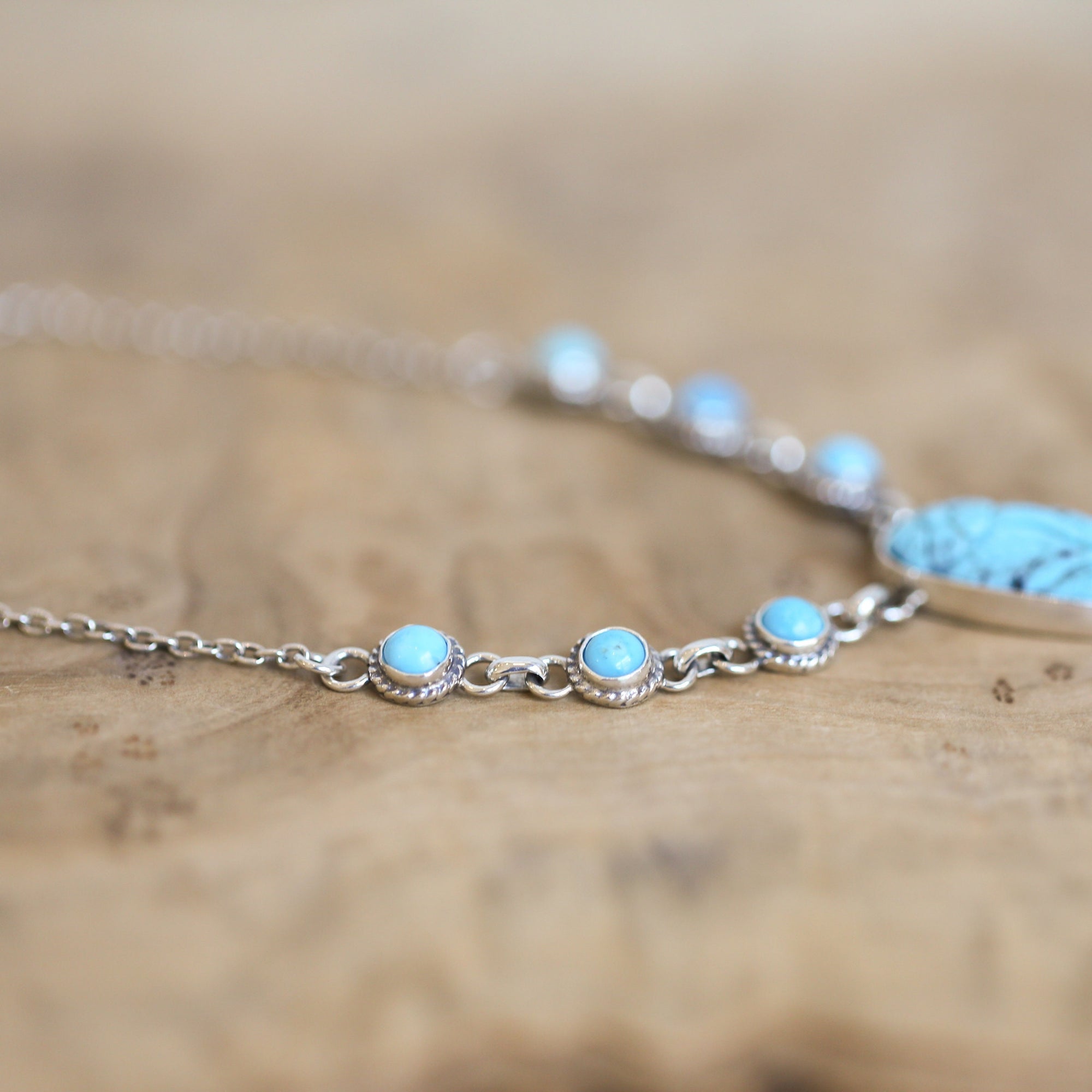 Floral Carved Turquoise Necklace Sterling Silver - 7 Stone Kingman Turquoise Necklace