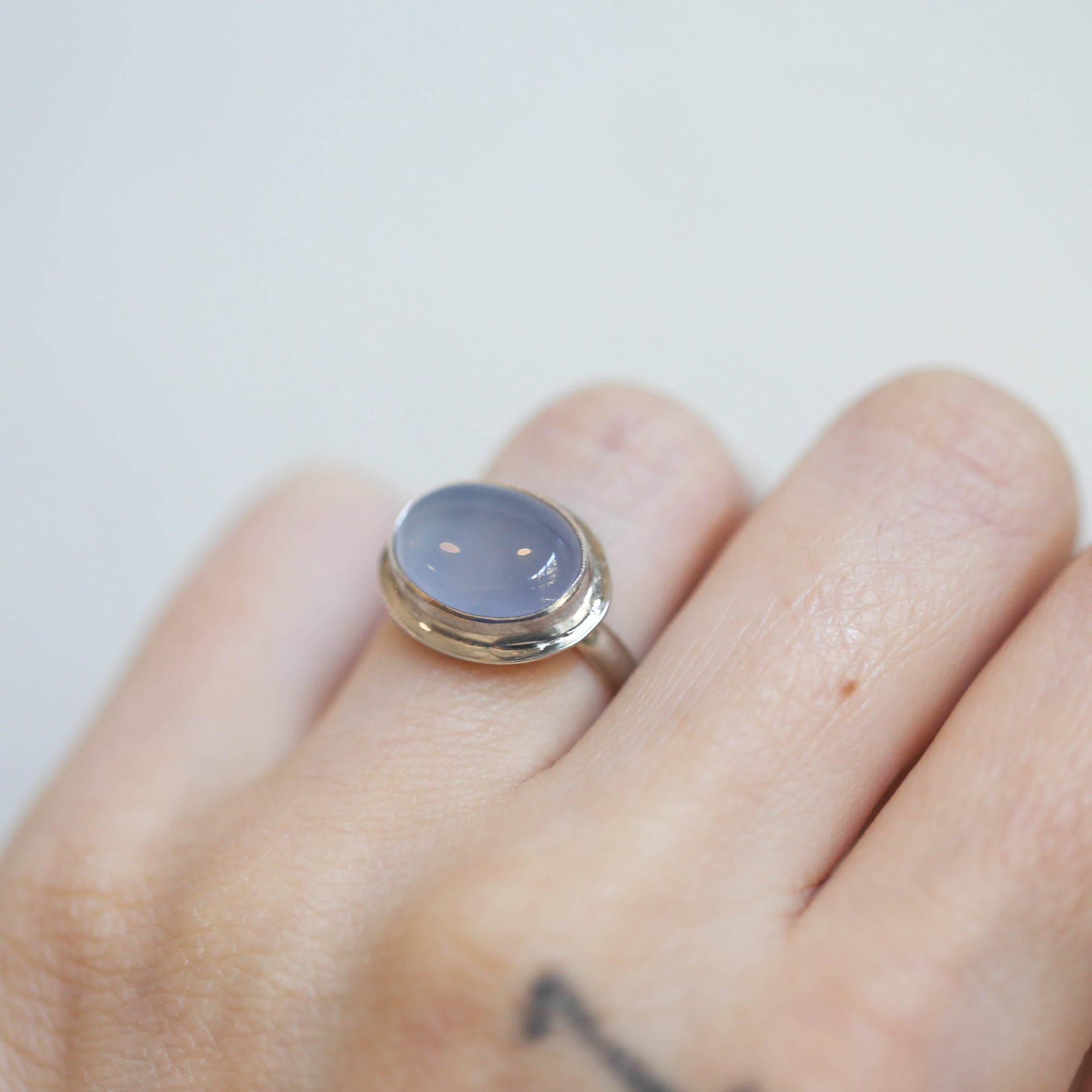 Blue Chalcedony Ring - Sterling Silver - East West Oval
