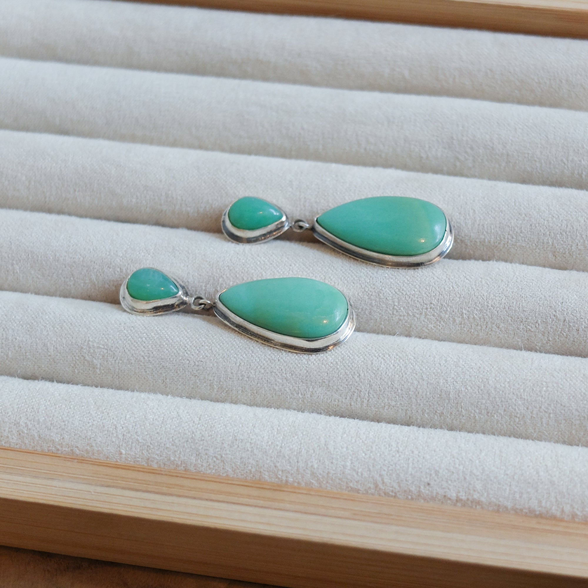 Chrysoprase Post Drop Earrings - Green Teardrop Dangles - 4 Stone Green Chrysoprase Silver Earrings