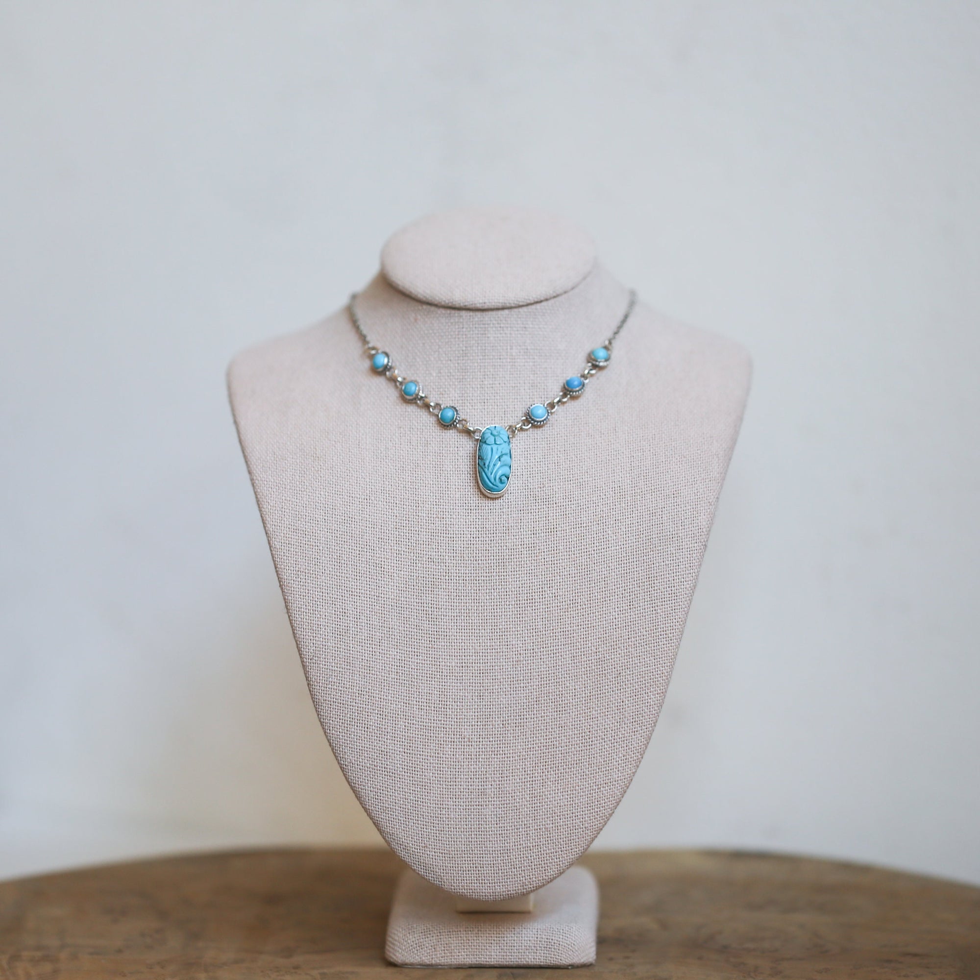Floral Carved Turquoise Necklace Sterling Silver - 7 Stone Kingman Turquoise Necklace