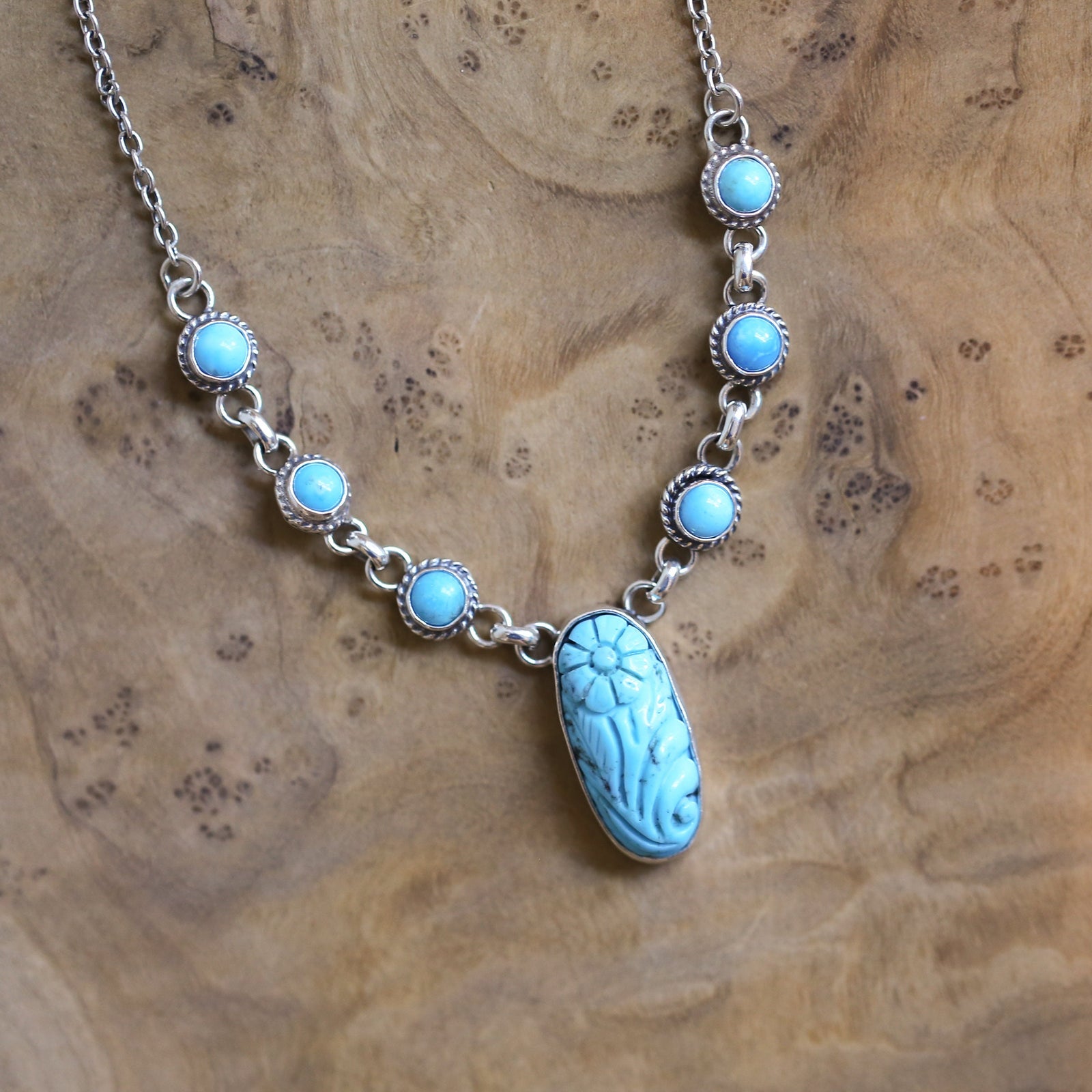 Floral Carved Turquoise Necklace Sterling Silver - 7 Stone Kingman Turquoise Necklace