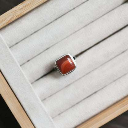 Banded Red Agate Ring – Square Sterling Silver Silversmith Design