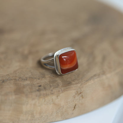 Banded Red Agate Ring – Square Sterling Silver Silversmith Design