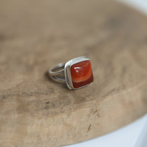 Banded Red Agate Ring – Square Sterling Silver Silversmith Design
