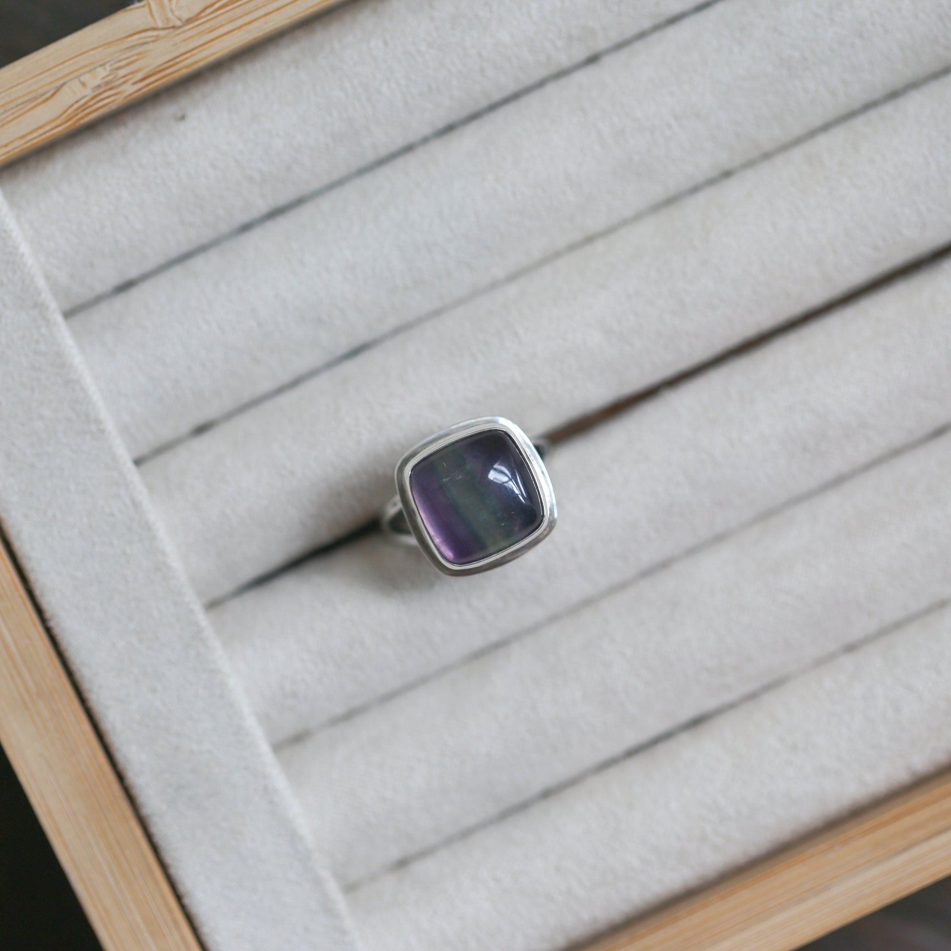 Custom Silversmith Rainbow Fluorite Ring – Choose Your Square Cabochon