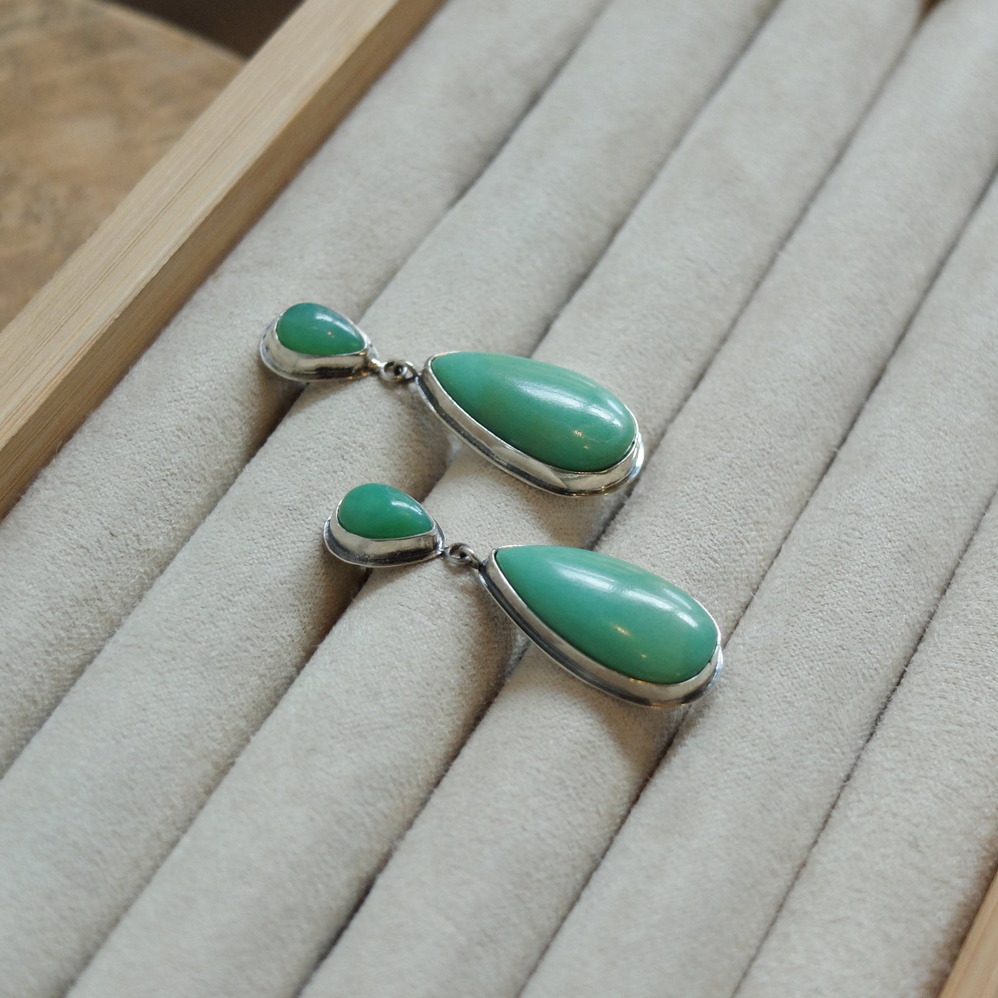 Chrysoprase Post Drop Earrings - Green Teardrop Dangles - 4 Stone Green Chrysoprase Silver Earrings