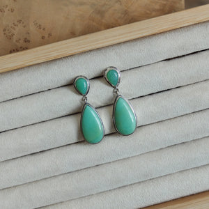 Chrysoprase Post Drop Earrings - Green Teardrop Dangles - 4 Stone Green Chrysoprase Silver Earrings