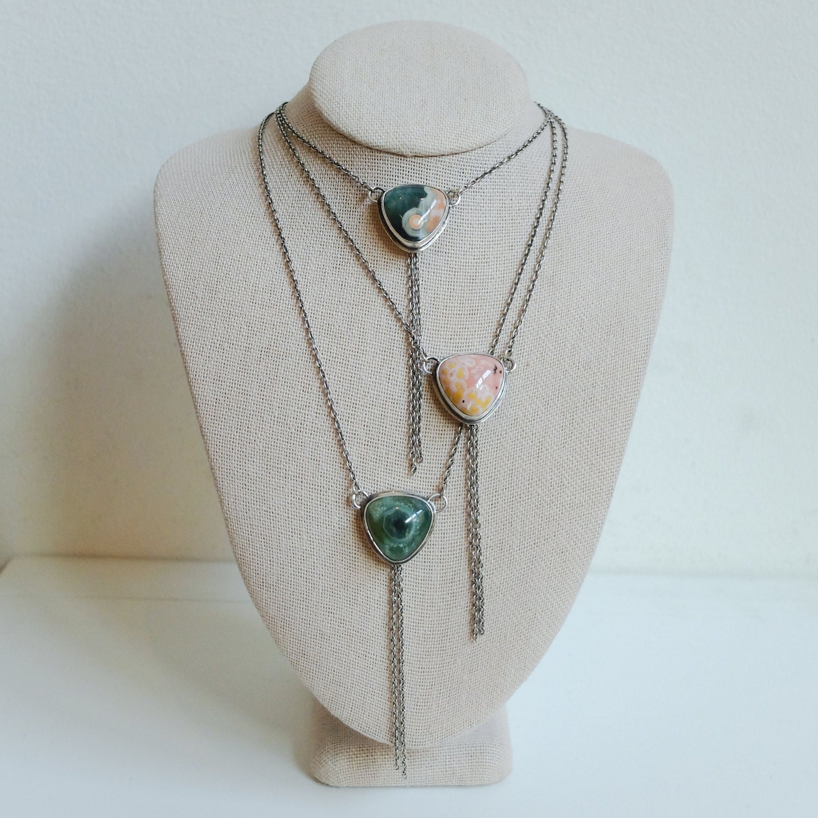Ocean Jasper Y Necklace - Jasper Bolo Necklace - Sterling Silver