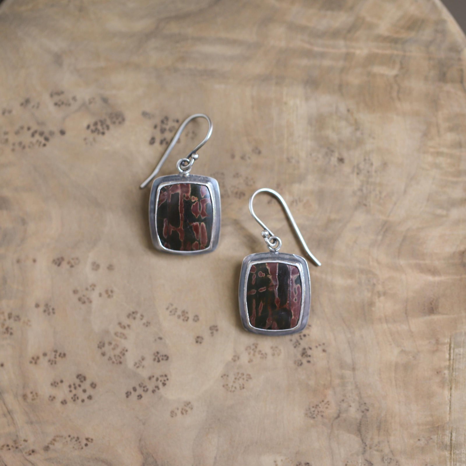Red Creek Jasper Earrings - .925 Sterling Silver - Earthy Rectangle Drop Earrings
